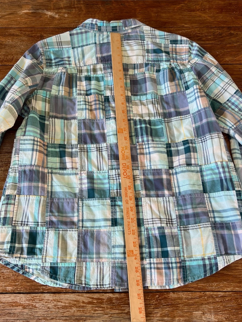 LL Bean Patchwork Madras Plaid Cotton Shirt Women’s Large Regular Blue Teal - Picture 11 of 14